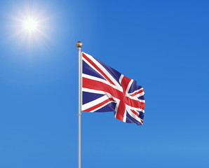 3D illustration. Colored waving flag of United Kingdom on sunny blue sky background.