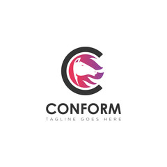 Conform logo, with negative space head horse and letter C vector