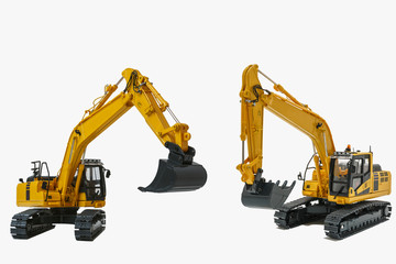 Two yellow excavator   model design with isolated on  a white background