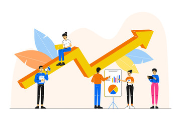 Business concept. A group of people characters or a team members are analyzing, thinking over an idea. Rise of the career to success. Prepare and boost a business project start up. Vector illustration