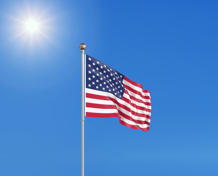 3D illustration. Colored waving flag of United States of America on sunny blue sky background