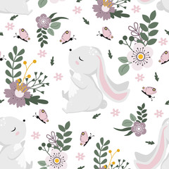 modèle sans couture avec lapin de Pâques et fleurs sur fond blanc - illustration vectorielle, eps