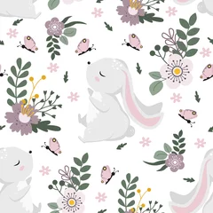 Voilages Lapin modèle sans couture avec lapin de Pâques et fleurs sur fond blanc - illustration vectorielle, eps