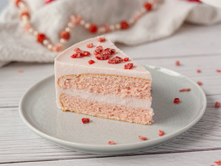 Pink strawberry homemade cake with ricotta cream. Gentle and nice for  tender girl
