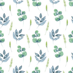 Watercolor seamless pattern with leaves and inflorescences of spring plants