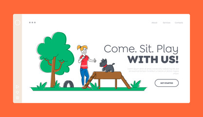 Fototapeta premium Happy Woman Training Dog in Park or Special Area Landing Page Template. Girl Character Playing with Puppy Spend Time with Domestic Animal. Friendship, Active Lifestyle. Linear Vector Illustration