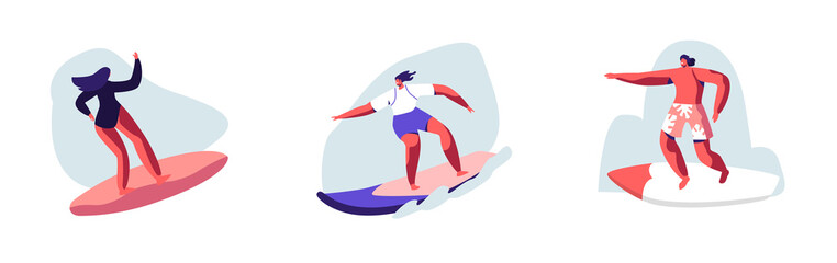 Set of Young People Surfing Recreation. Man and Woman Surfers Characters in Swim Wear Riding Big Sea Waves on Surf Board. Summertime Activity, Healthy Lifestyle, Vacation. Cartoon Vector Illustration