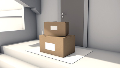  Delivered parcels on door mat near entrance, 3d rendering