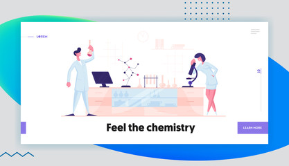 Scientists Characters Conducting Chemical Experiment and Scientific Research in Science Laboratory Landing Page Template. Man Hold Flask, Woman Look in Microscope. Cartoon People Vector Illustration