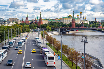 Moscow. Russia. The center of the capital of the Russian Federation. Kremlin. Kremlin tower. Grand Kremlin palace. Embankment of the Moscow river. Churches. Business card of Moscow.