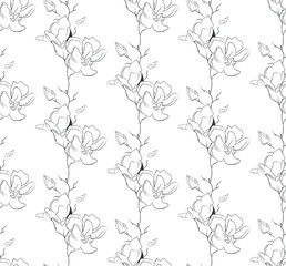 Vector Hand Drawn Line Drawing Doodle Floral Seamless Pattern with Wildflowers, Plants, Branches, Leaves, Magnolia flowers. Design Elements Illustration. Branding. Swatch