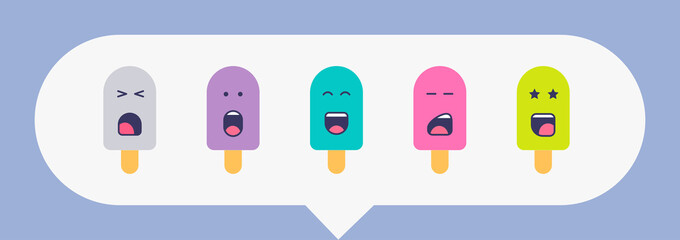 Emoji Stickers Cute Cartoon Ice Cream Characters Vector Sticker Set.