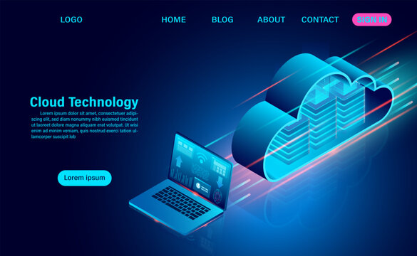 Cloud technology concept. online computing technology. big data flow processing concept. isometric flat design vector illustration