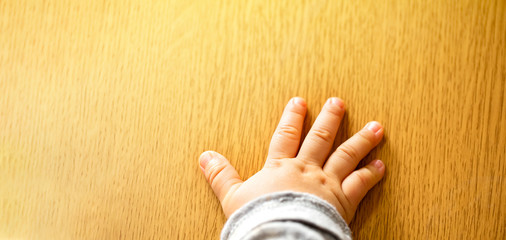 赤ちゃんの愛らしいぷっくりした手とコピースペースと木目バック