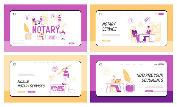 Notary Documents Authorization, Attorney Professional Service Landing Page Template Set. People Characters Visit Lawyer Public Office for Signing and Legalization Documents. Linear Vector Illustration