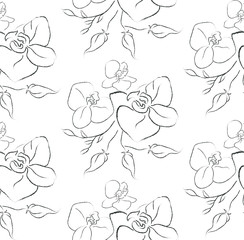 Vector Hand Drawn Line Drawing Doodle Floral Seamless Pattern with Wildflowers, Plants, Branches, Leaves, orchid flower. Design Elements Illustration. Branding. Swatch