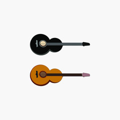 Two acoustic guitars of black and brown colors, on a white background