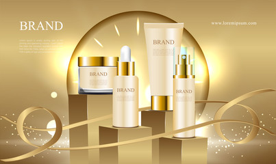 Golden podium for ads cosmetic collection with ribbon and 3d packaging illustration