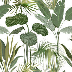 Fototapety  Bezszwowe tropikalny kwiatowy nadruk z egzotycznych zielonych liści Philodendron Monstera na białym tle. Szablon tapety dzikich roślin lasów deszczowych, naturalny ornament tekstylny. Ilustracja wektorowa
