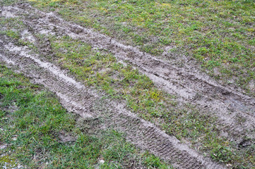 Reifenspuren in schlammiger Wiese