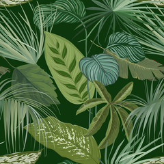 Green Botanical Background with Tropical Leaves and Branches, Seamless Pattern, Realistic Spathiphyllum Cannifolium Wrapping Paper or Textile Print, Rainforest Wallpaper Ornament. Vector Illustration