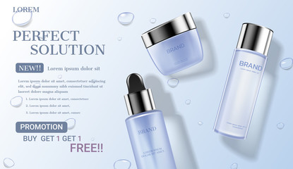 Cosmetic set with water drop background