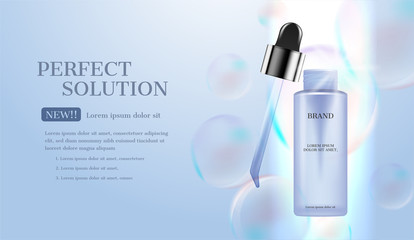 Glowing light beam with cosmetic cream and rainbow bubbles