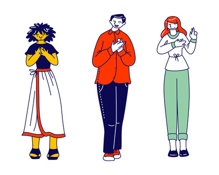 Diverse People Group Stand in Row Holding Palm on Heart Expressing Integrity and Honesty. Young Male and Female Characters Telling Truth, Swear in Fairness and Probity. Linear Vector Illustration