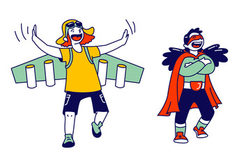 Superhero Kids Characters Rejoice and Having Fun. Little Boy Wearing Pilot Costume with Wings and Girl in Red Cape Performing on Stage. Motivation, Success, Genius People. Linear Vector Illustration
