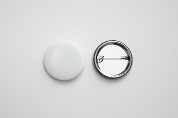 White pin button. Pin button set. Collection of realistic pin buttons. White blank badge pin brooch isolated on white background. Photo of badge.Badge Mock-up isolated on background.