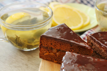 Traditional Austrian cake with green tea	