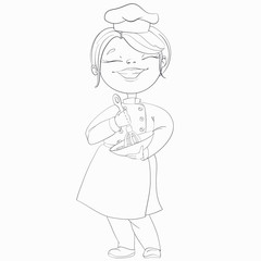 Chef in a cook hat holds a whisk and bowl. Girl kneads dough. Line art vector cartoon character.