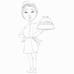 Confectioner in a cook hat holding a beautiful wedding cake. Line art vector cartoon character.