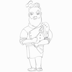 Chef in a cook hat holds a fork with a steak in one hand and a knife in the other. Line art vector cartoon character.