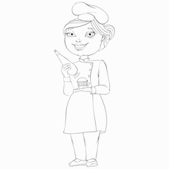 Confectioner is holding a pastry bag and in his other hand is a cupcake. Line art vector cartoon character.