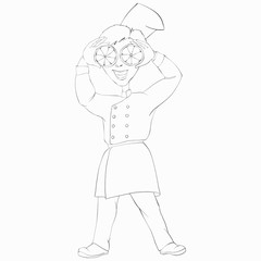 The cook in a hat holds slices of orange. Line art vector cartoon character.