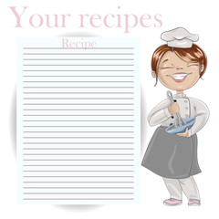 Chef in a cook hat holds a whisk and bowl. Girl kneads dough. Vector illustration. Recipe card template for cookbook