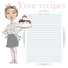 Confectioner in a cook hat holding a beautiful wedding cake. Vector cartoon character. Recipe card template for cookbook