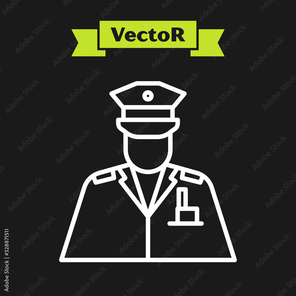 Sticker White line Police officer icon isolated on black background. Vector Illustration