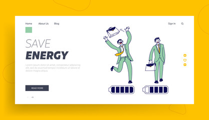 Obraz na płótnie Canvas Business Challenge, Beginning of Working Week at Job Landing Page Template. Businessman Character with High Energy Battery Level Running and Throw Briefcase Up to Air. Linear Vector Illustration
