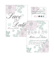 Wedding floral invitation, save the date card, dress code card and plan of wedding day: dahlia, eucalyptus branches on craft background with frame. Elegant rustic template.