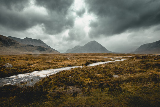 Spectacular view of the mountain in Scottish Highlands on a rainy day