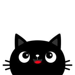 Black cat face head silhouette looking up. Scandinavian style. Cute cartoon character. Kawaii animal. Baby card. Pet collection. Flat design. White background. Isolated.