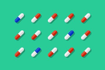 Pills assorted and neatly arranged on green background. Vector illustration in flat design with shadow.