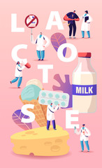 Lactose Intolerance Concept. Man Feel Bad in Stomach Visit Hospital for Treatment. Dairy Products Intolerant Character and Doctors. Health Care Poster Banner Flyer. Cartoon People Vector Illustration