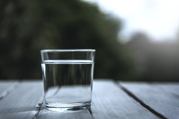 A glass with clean drinking water, a natural green floral background.
