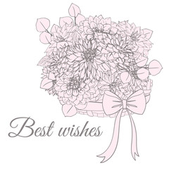 Hand-drawn dahlias flowers in a wicker basket. Isolated floral elements. Vector flowers on white background.