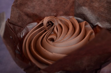 CHOCOLATE Muffins with Chocolate Cream and Paper Basket, Close Up