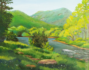 Summer landscape. With a river and mountains in the background.