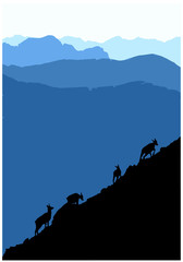 Black silhouettes of chamois climbing uphill, blue mountains in the background. Illustration.